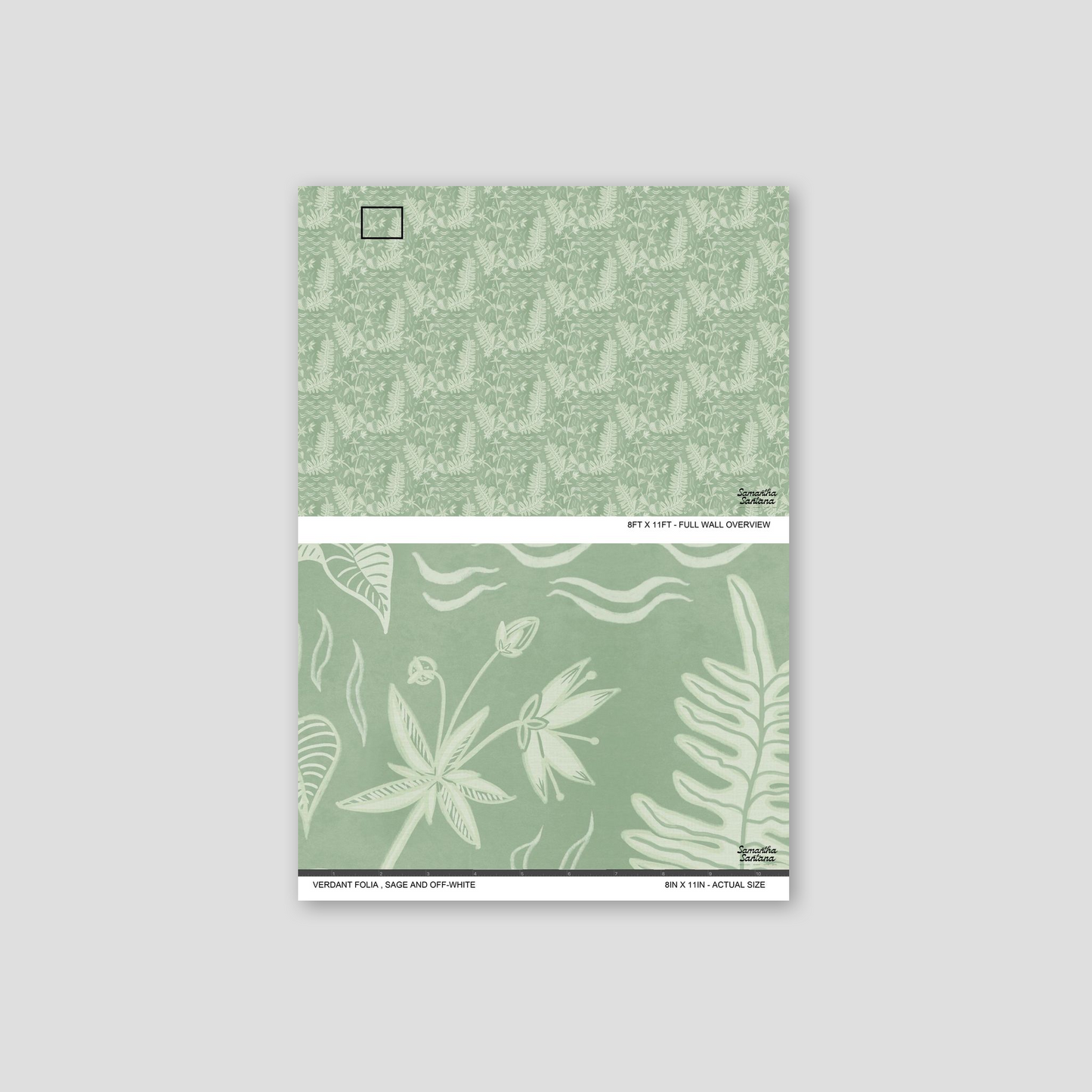 Sage and off-white botanical wallpaper with intricate floral patterns.
