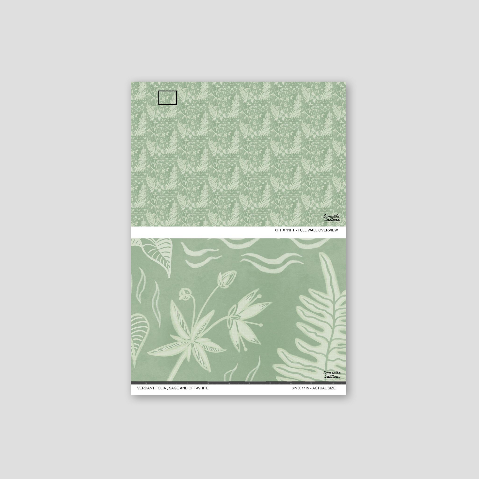 Sage and off-white botanical wallpaper with intricate floral patterns.