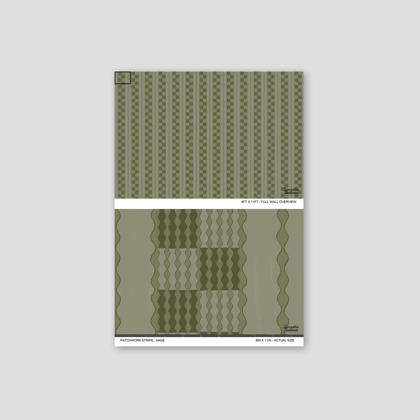 Sage patchwork stripe wallpaper with wavy geometric pattern sample.