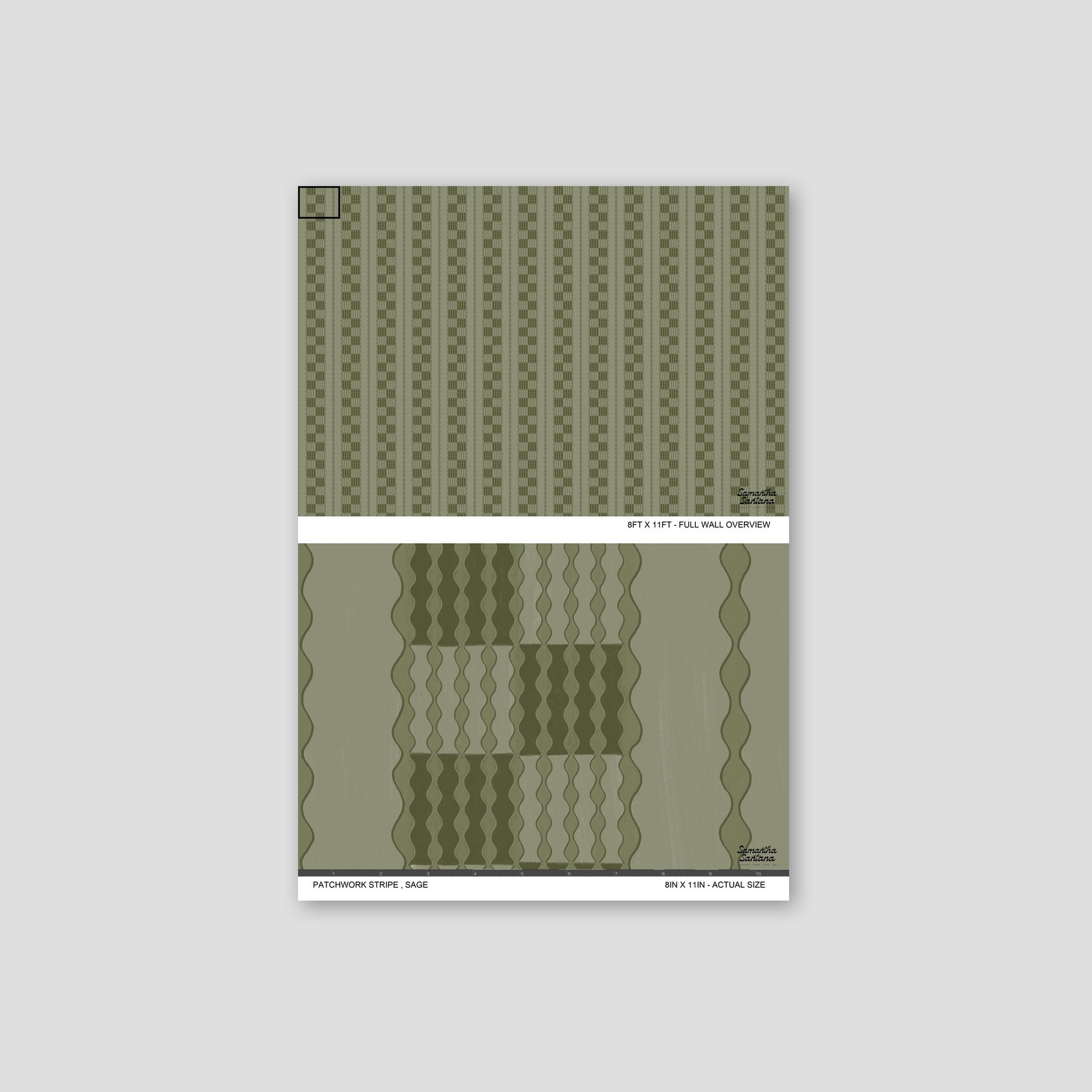 Sage patchwork stripe wallpaper with wavy geometric pattern sample.