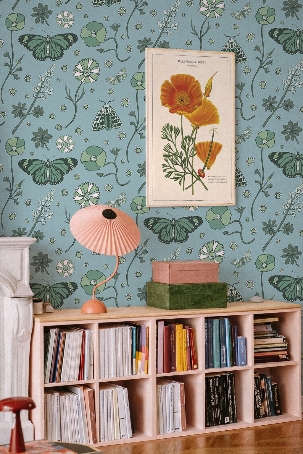 Poppy Please Wallpaper, blue and sage