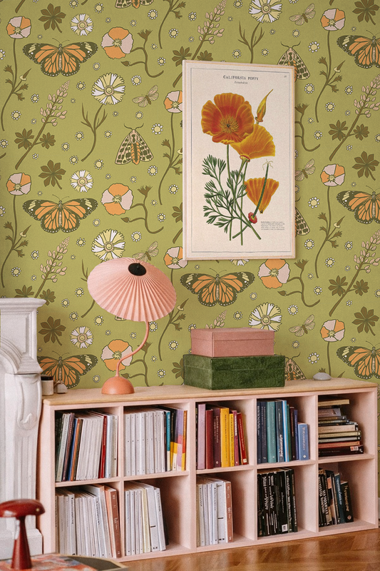 Poppy Please Wallpaper, chartreuse and orange