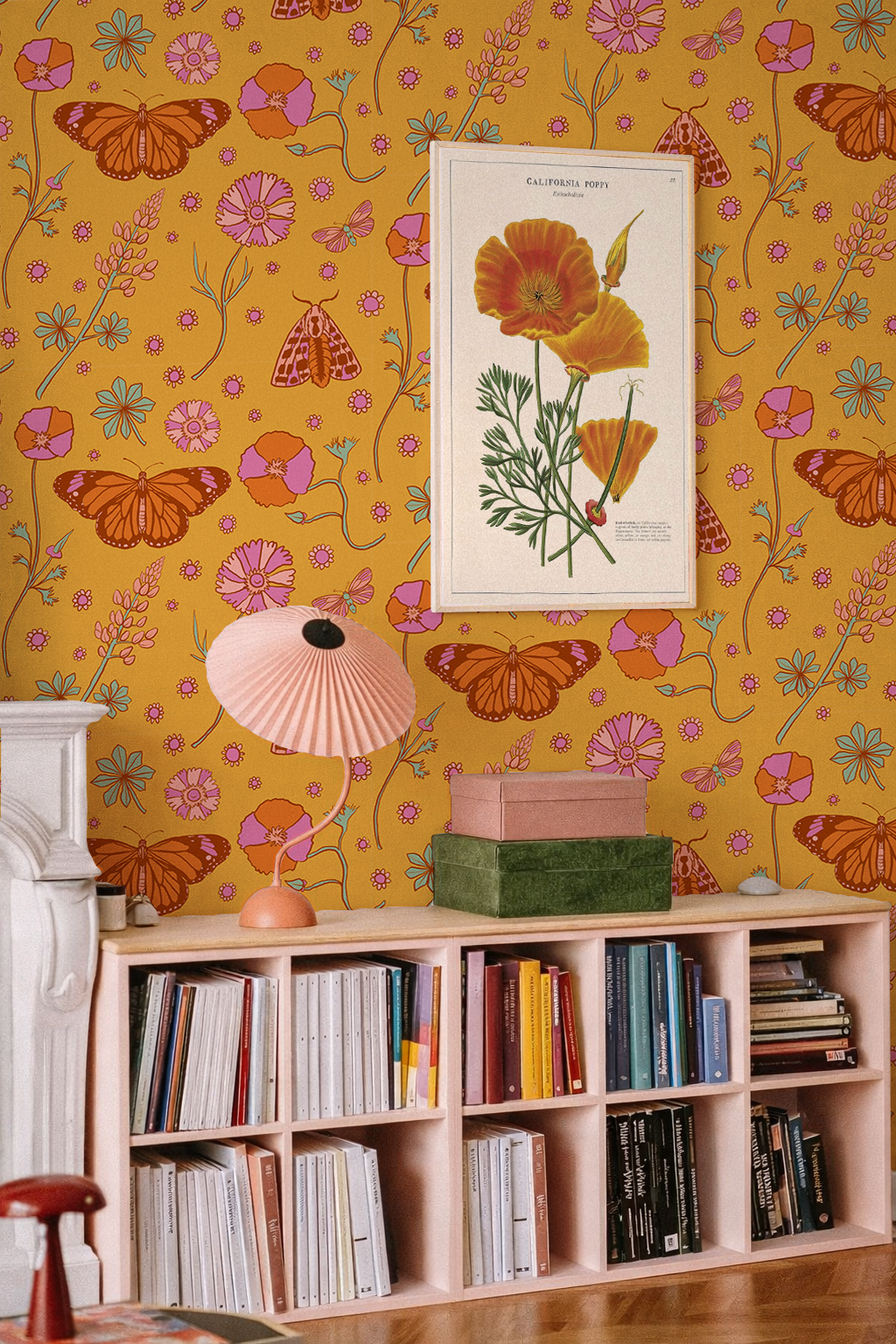 Poppy Please Wallpaper, mustard and pink