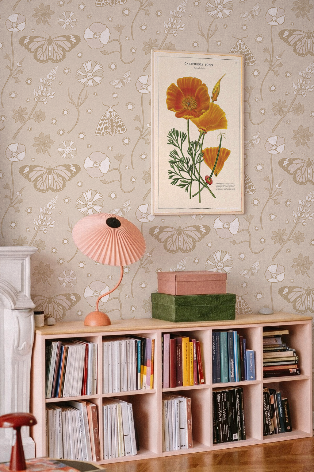 Poppy Please Wallpaper, tan and white