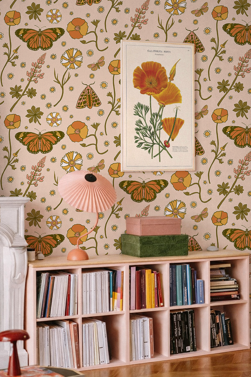 Poppy Please Wallpaper, peach and olive