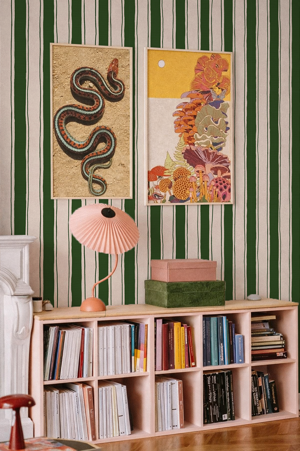 Riviera Stripe Wallpaper, off-white and dark green
