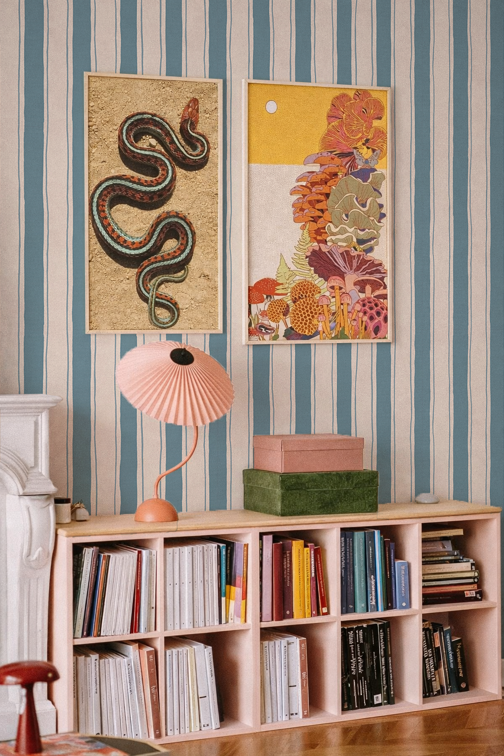 Riviera Stripe Wallpaper, off-white and dusty blue