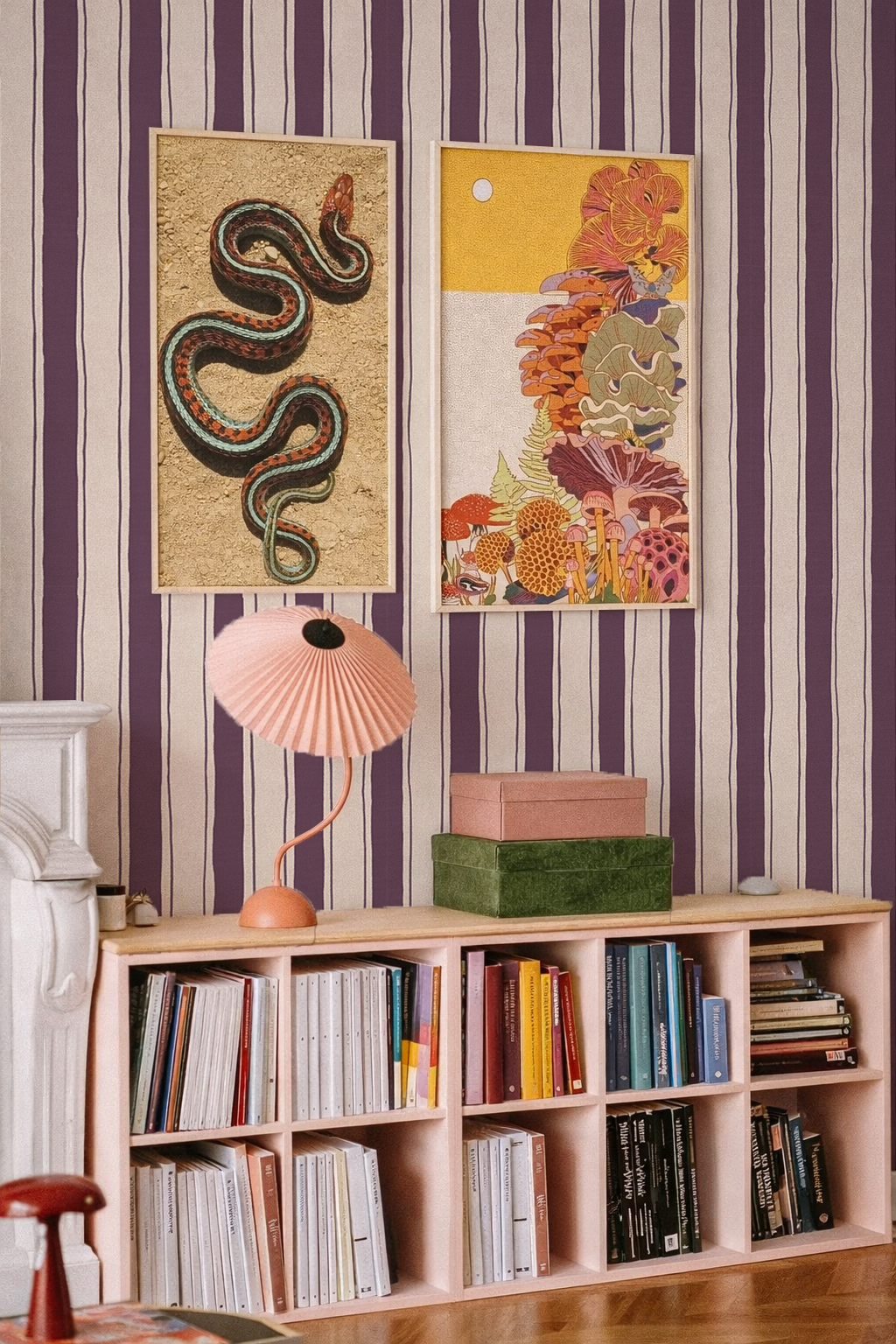 Riviera Stripe Wallpaper, off-white and eggplant