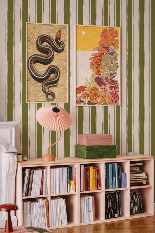 Riviera Stripe Wallpaper, off-white and olive green