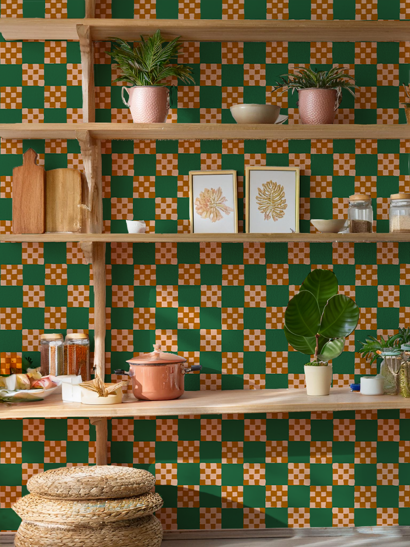 Checkered Quilt Wallpaper, green, peach and toffee