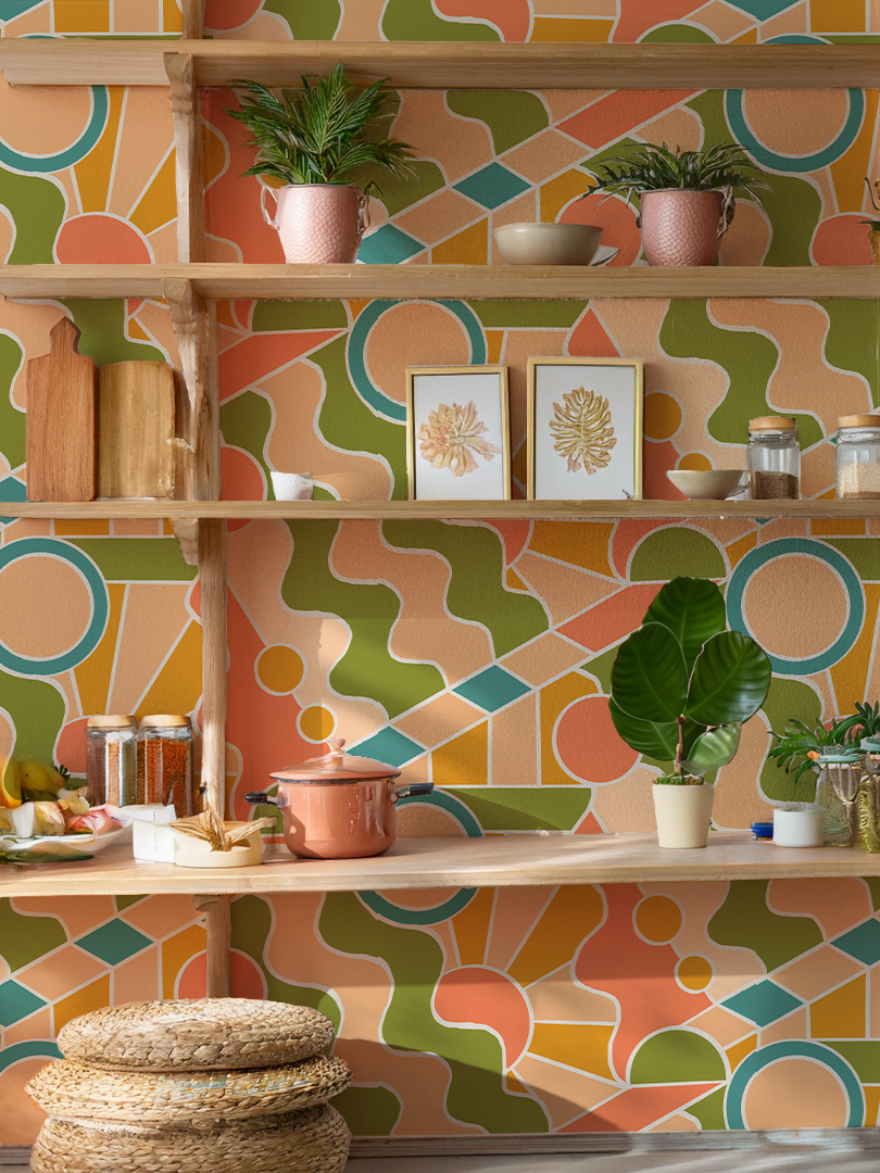 Day Trippin' Wallpaper, olive green, peach, coral and blue