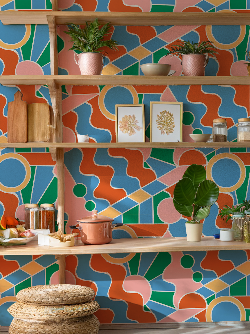 Day Trippin' Wallpaper, blue, green, pink and brick red