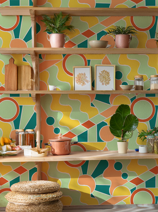 Day Trippin' Wallpaper, mint, blue, yellow and peach