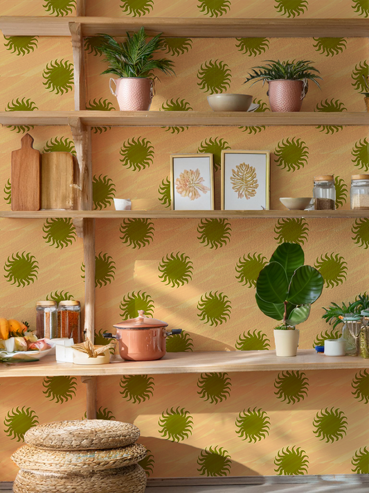 Sol Wallpaper, peach and olive green