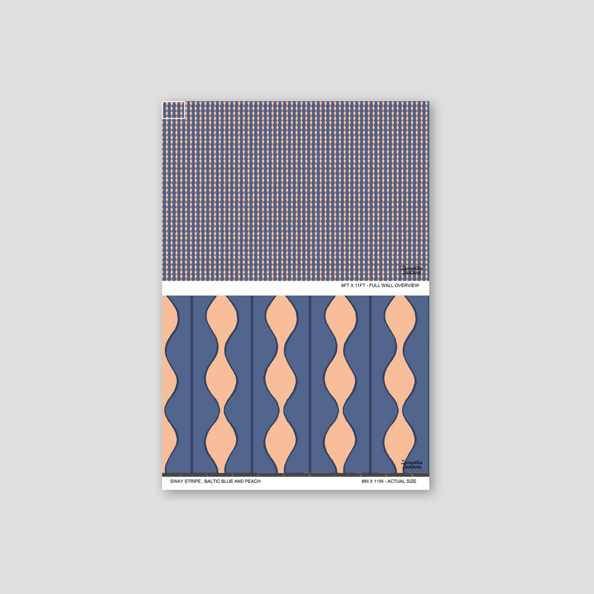 Sway Stripe wallpaper in baltic blue and peach with wavy geometric pattern.
