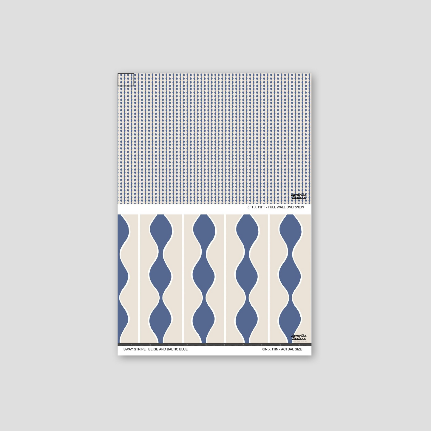 Sway Stripe Wallpaper sample with beige and Baltic blue wavy stripes