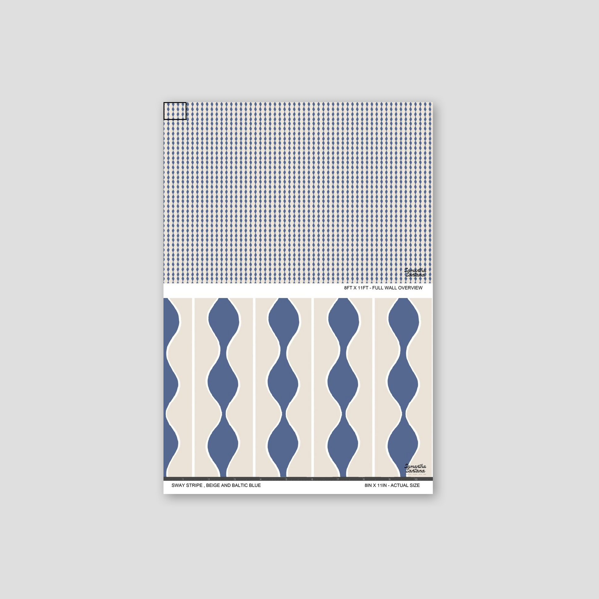 Sway Stripe Wallpaper sample with beige and Baltic blue wavy stripes