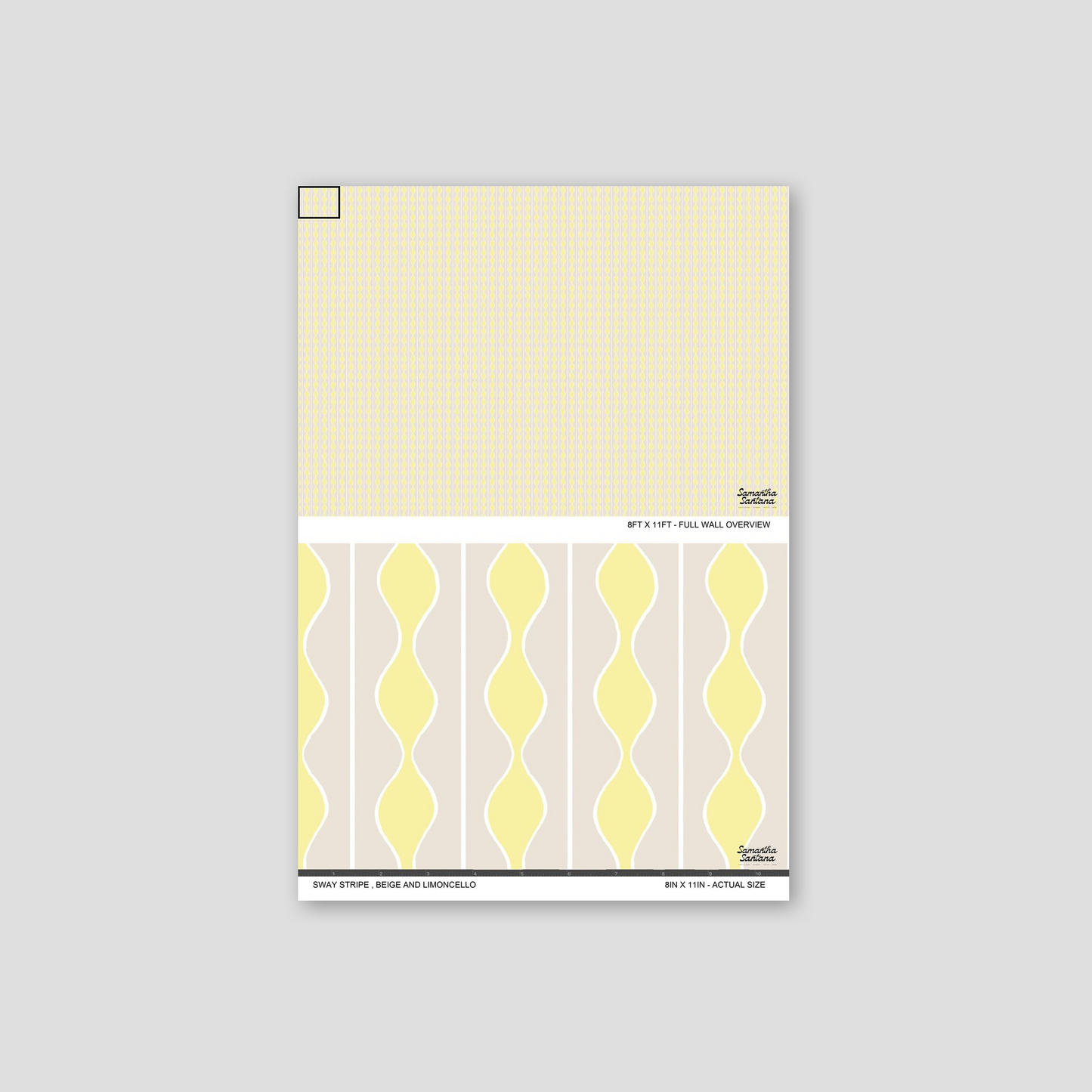 Sway Stripe wallpaper sample with beige and limoncello wavy pattern.
