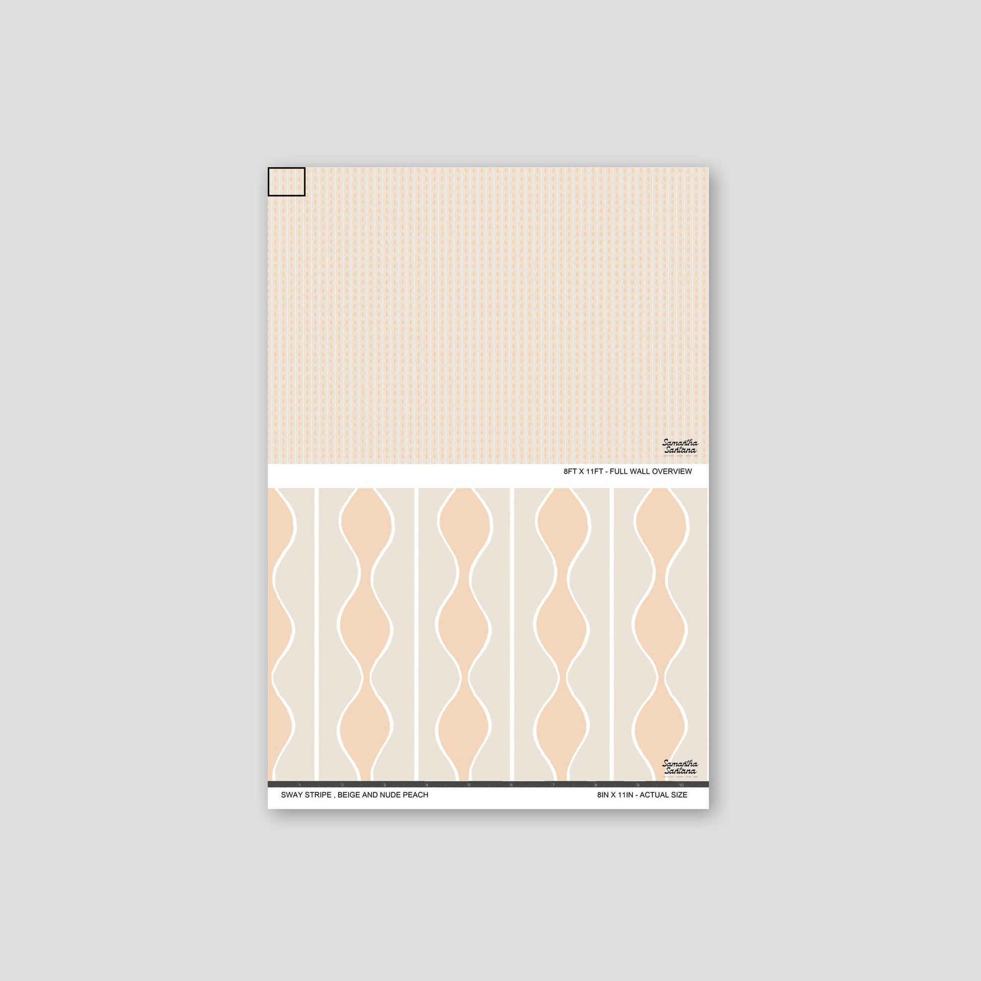 Sway Stripe Wallpaper sample in beige and nude peach with wavy lines.