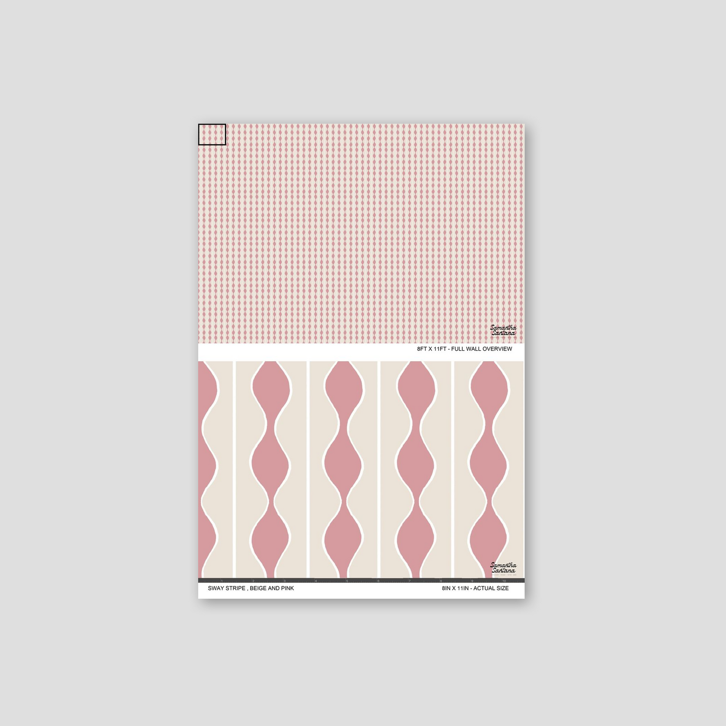 Sway Stripe Wallpaper sample in beige and pink with wavy geometric pattern.