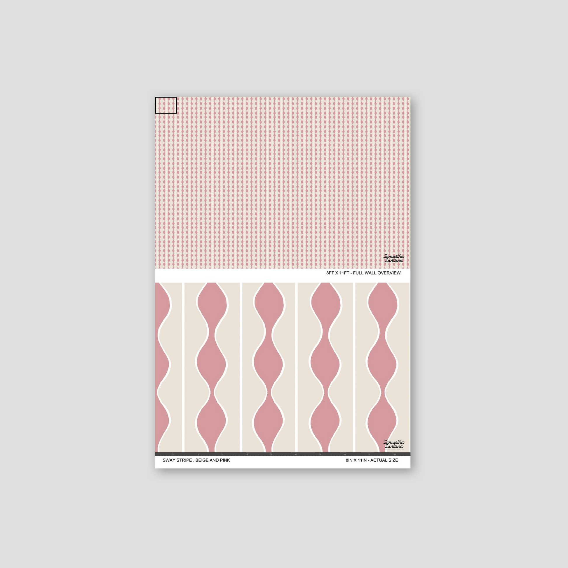Sway Stripe Wallpaper sample in beige and pink with wavy geometric pattern.