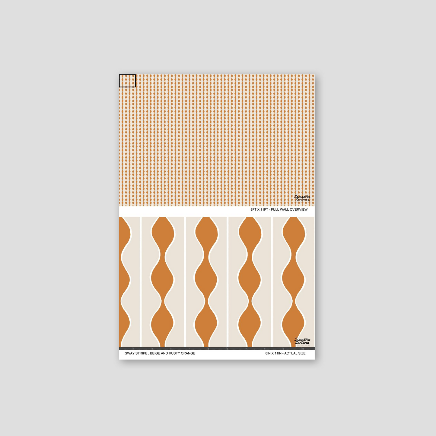 Sway Stripe Wallpaper with beige and rusty orange wavy stripes pattern.
