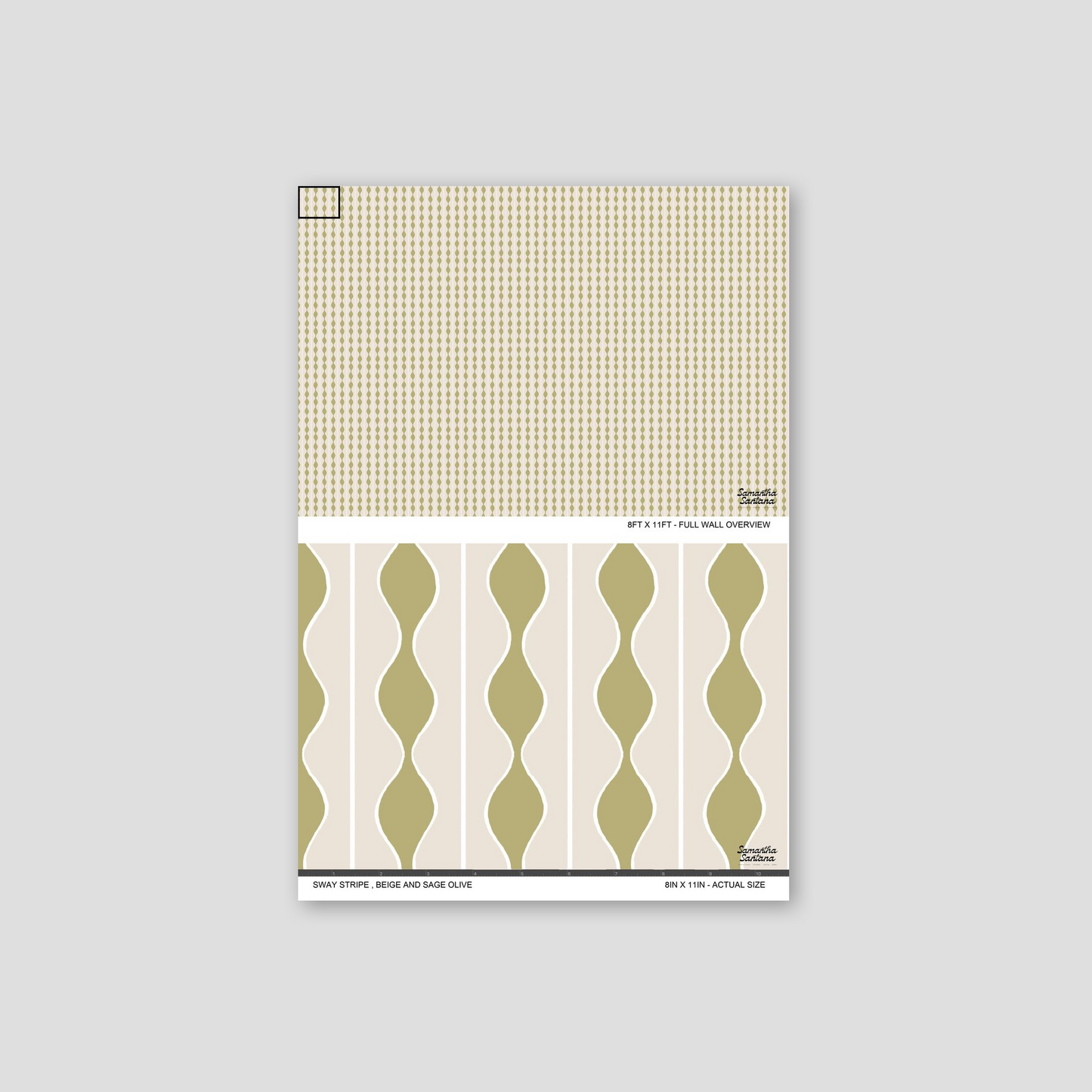 Sway Stripe Wallpaper sample in beige and sage olive with wavy pattern