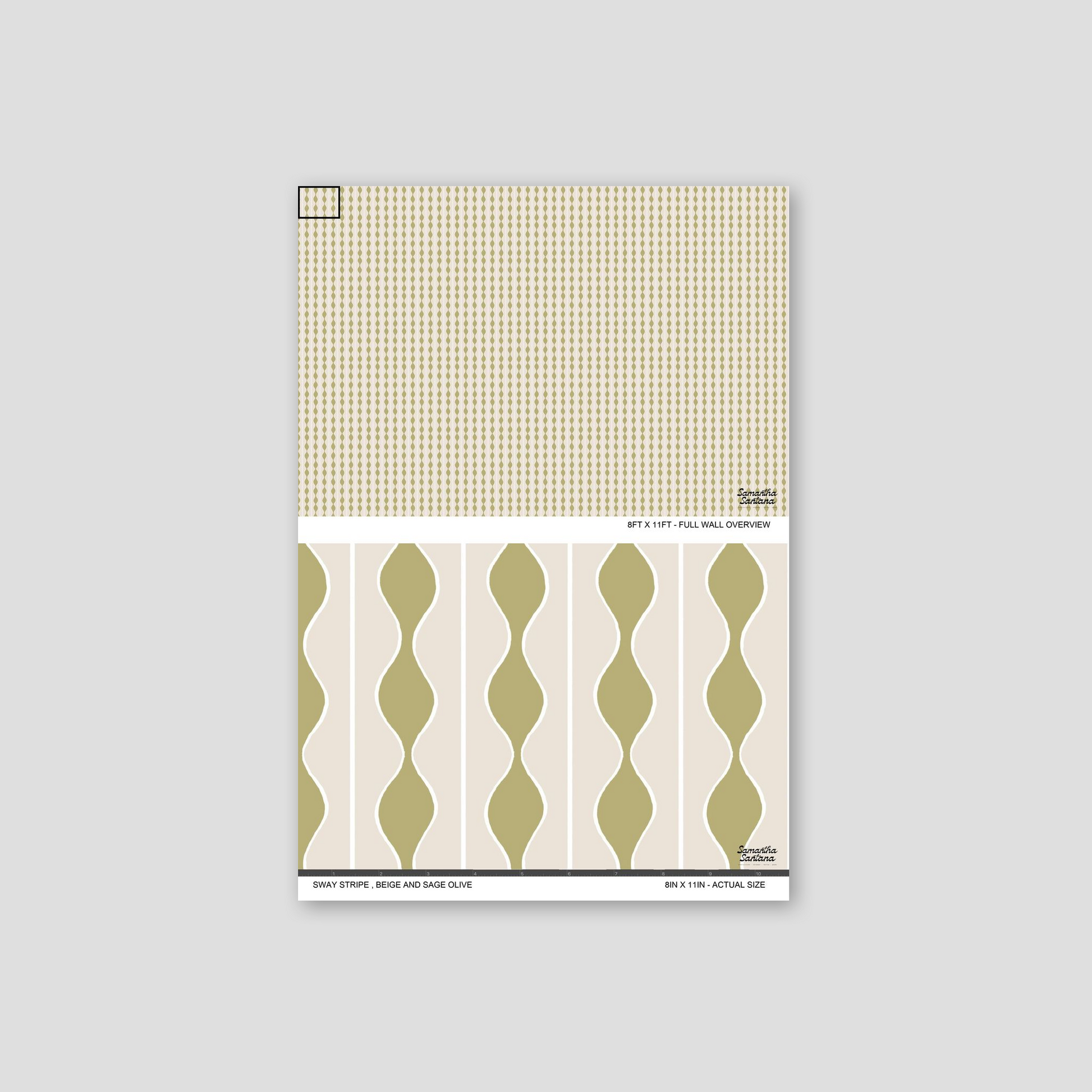 Sway Stripe Wallpaper sample in beige and sage olive with wavy pattern
