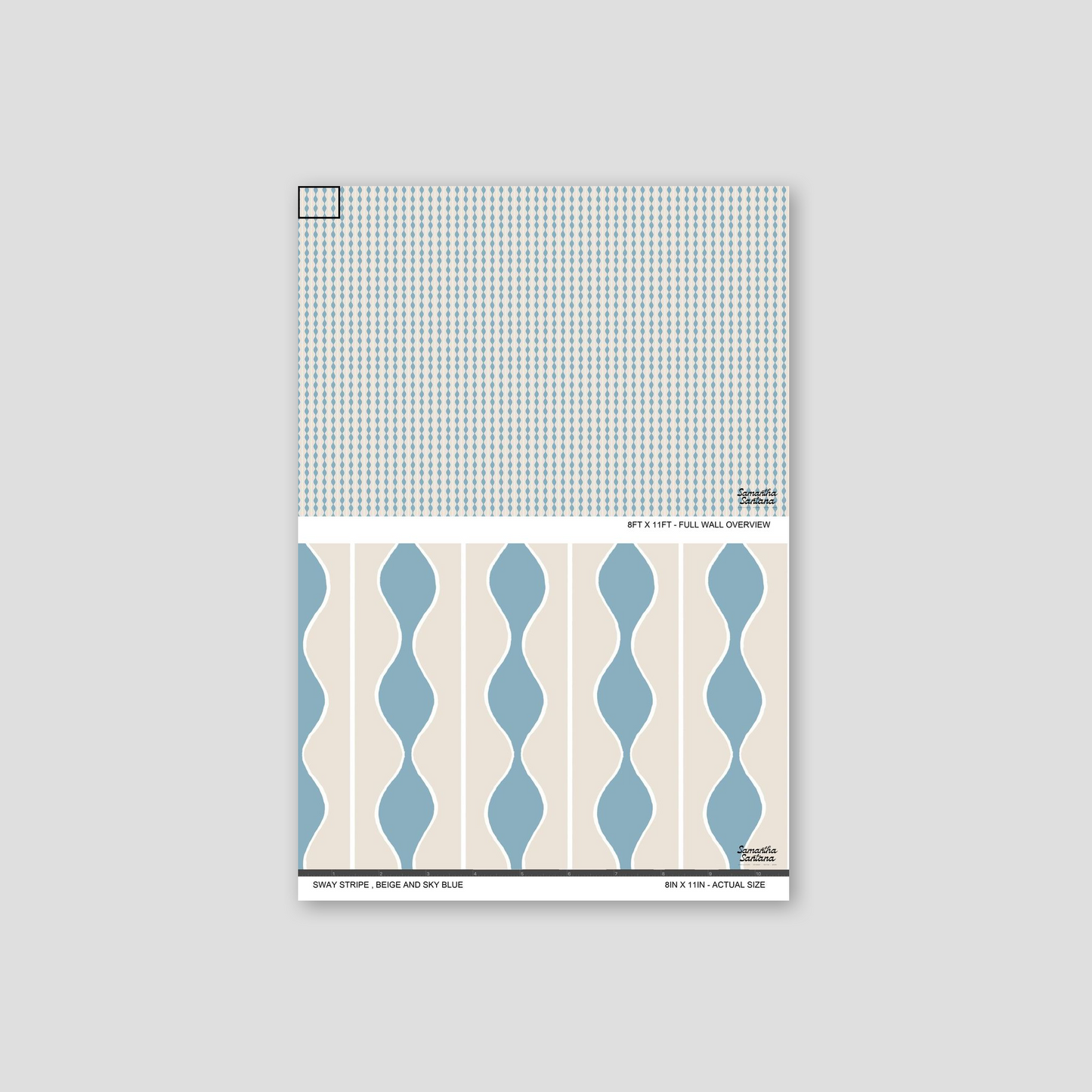 Sway Stripe wallpaper sample with beige and sky blue wavy pattern