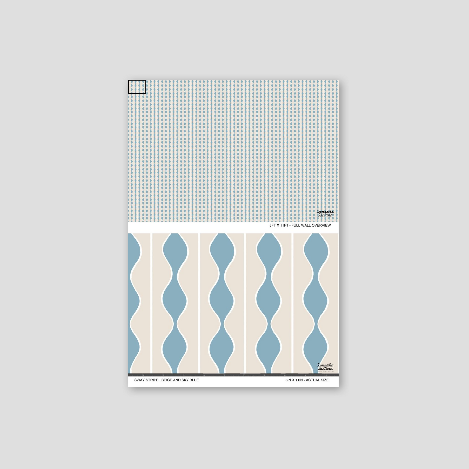 Sway Stripe wallpaper sample with beige and sky blue wavy pattern