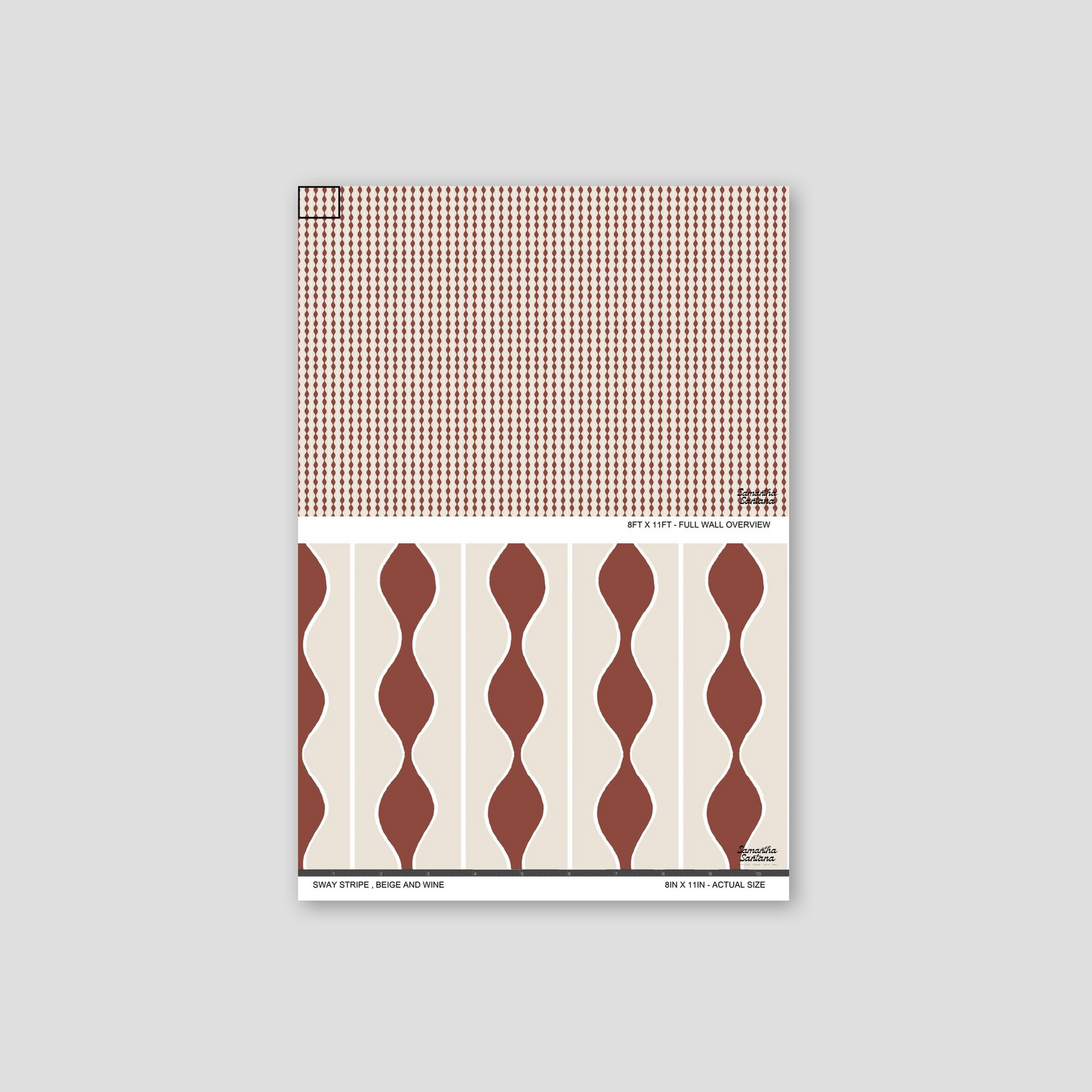 Sway Stripe wallpaper with beige and wine wavy pattern sample