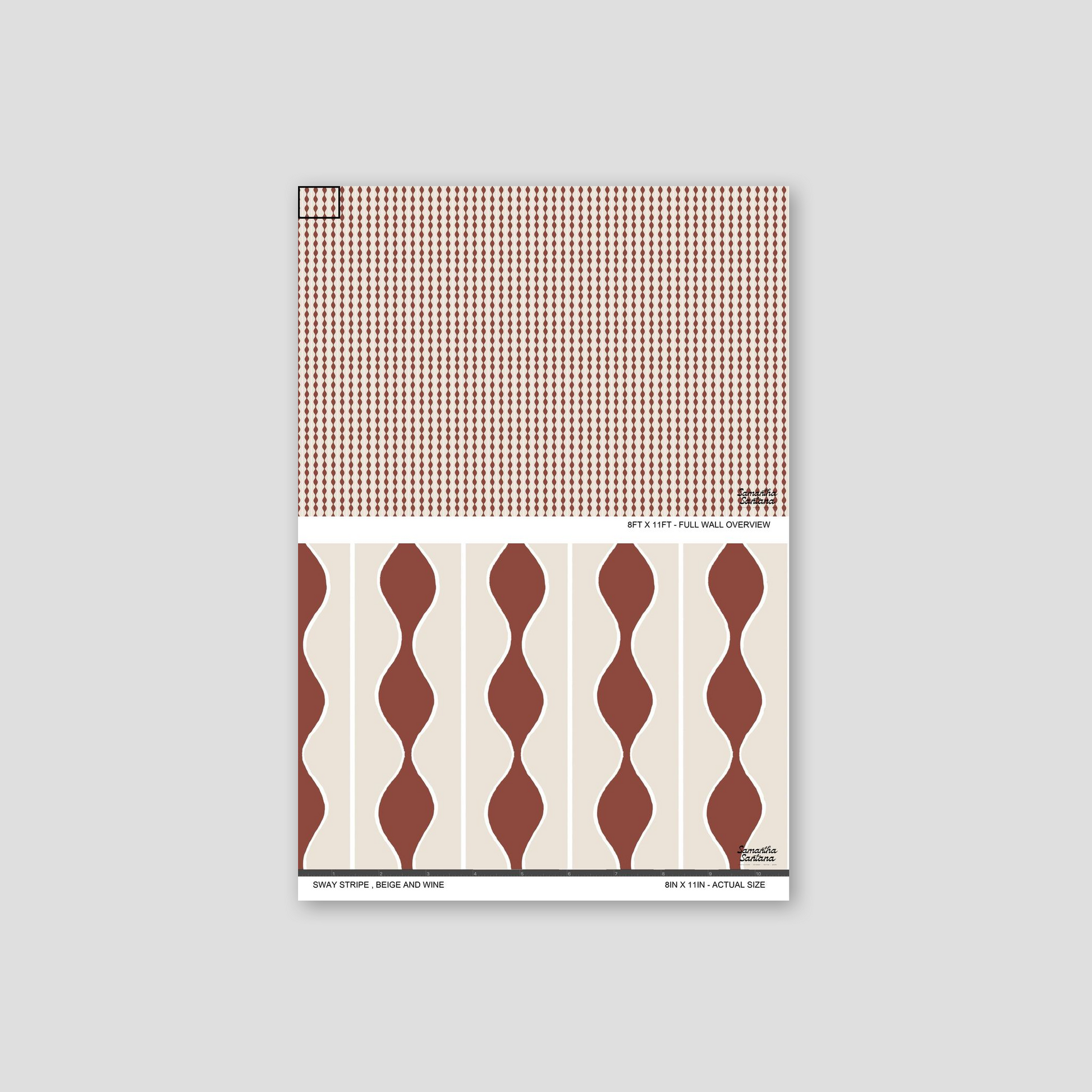 Sway Stripe wallpaper with beige and wine wavy pattern sample