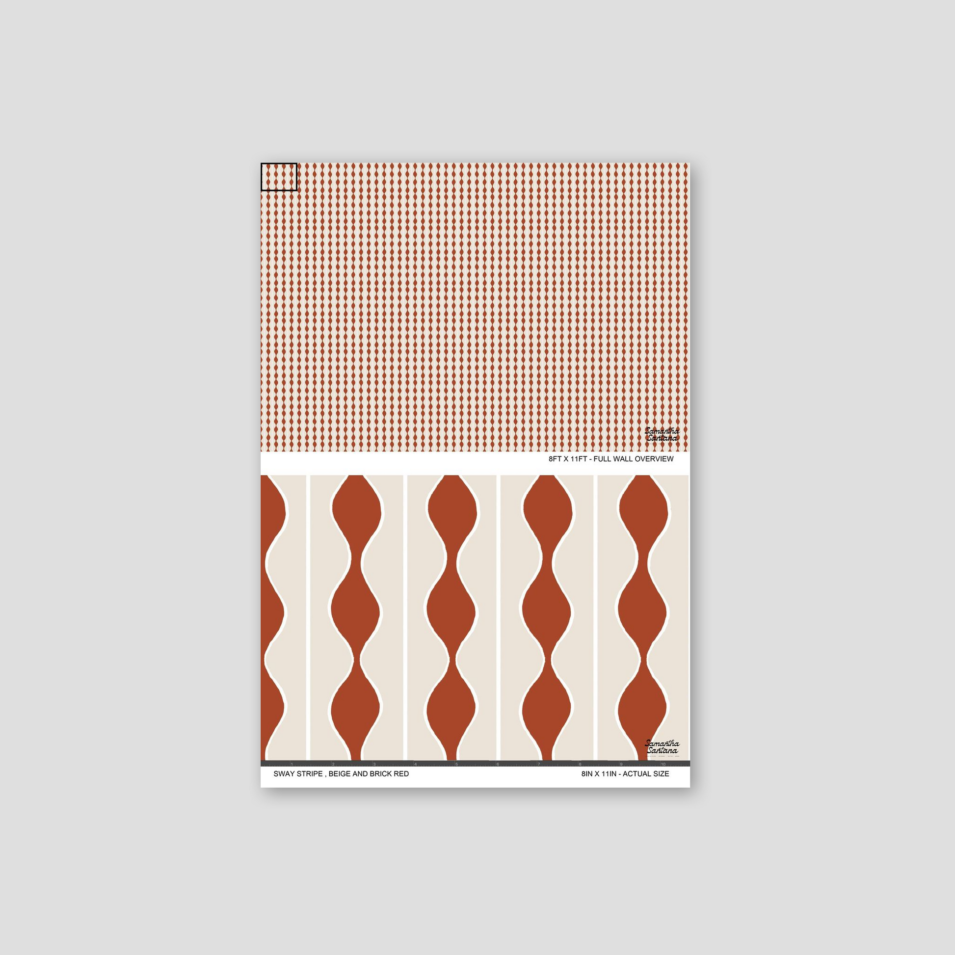 Sway Stripe wallpaper sample with wavy brick red stripes on beige background.