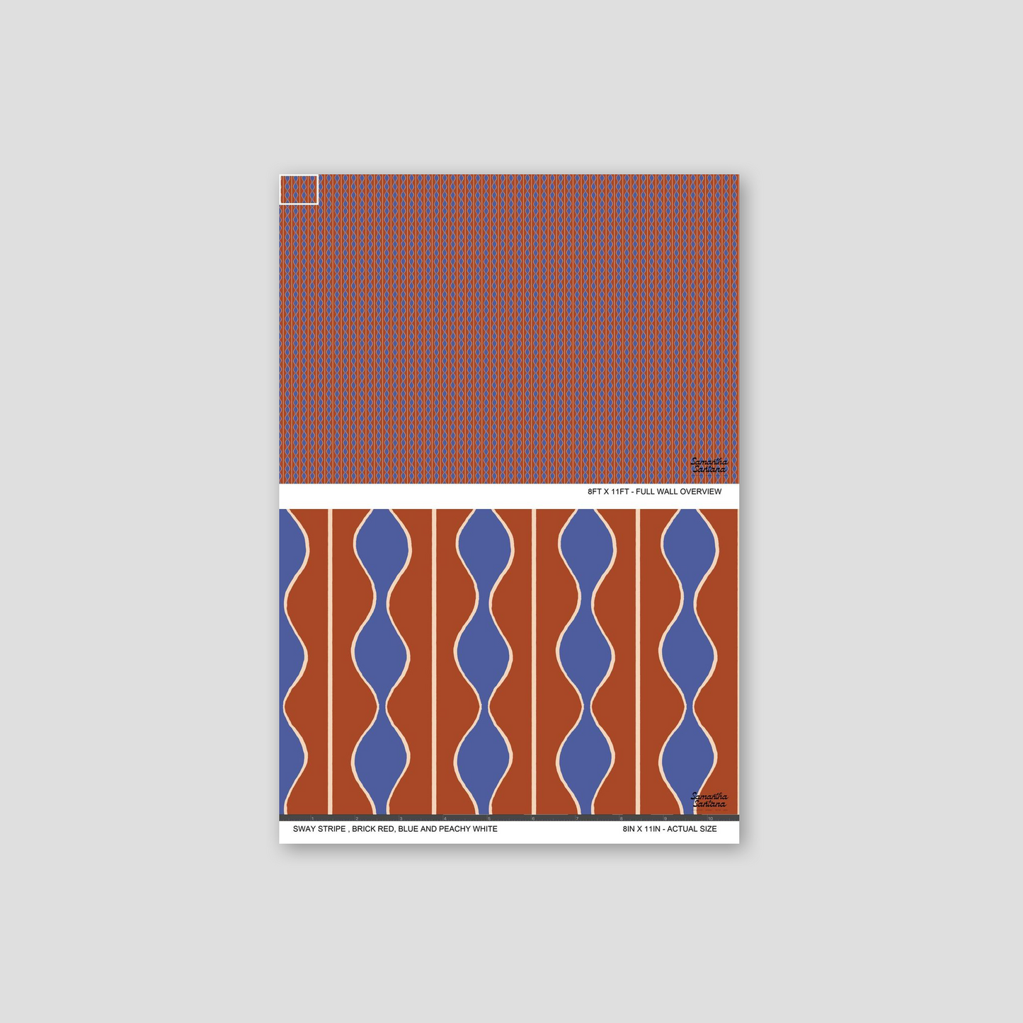 Sway Stripe wallpaper with wavy brick red, blue, and peachy white pattern.