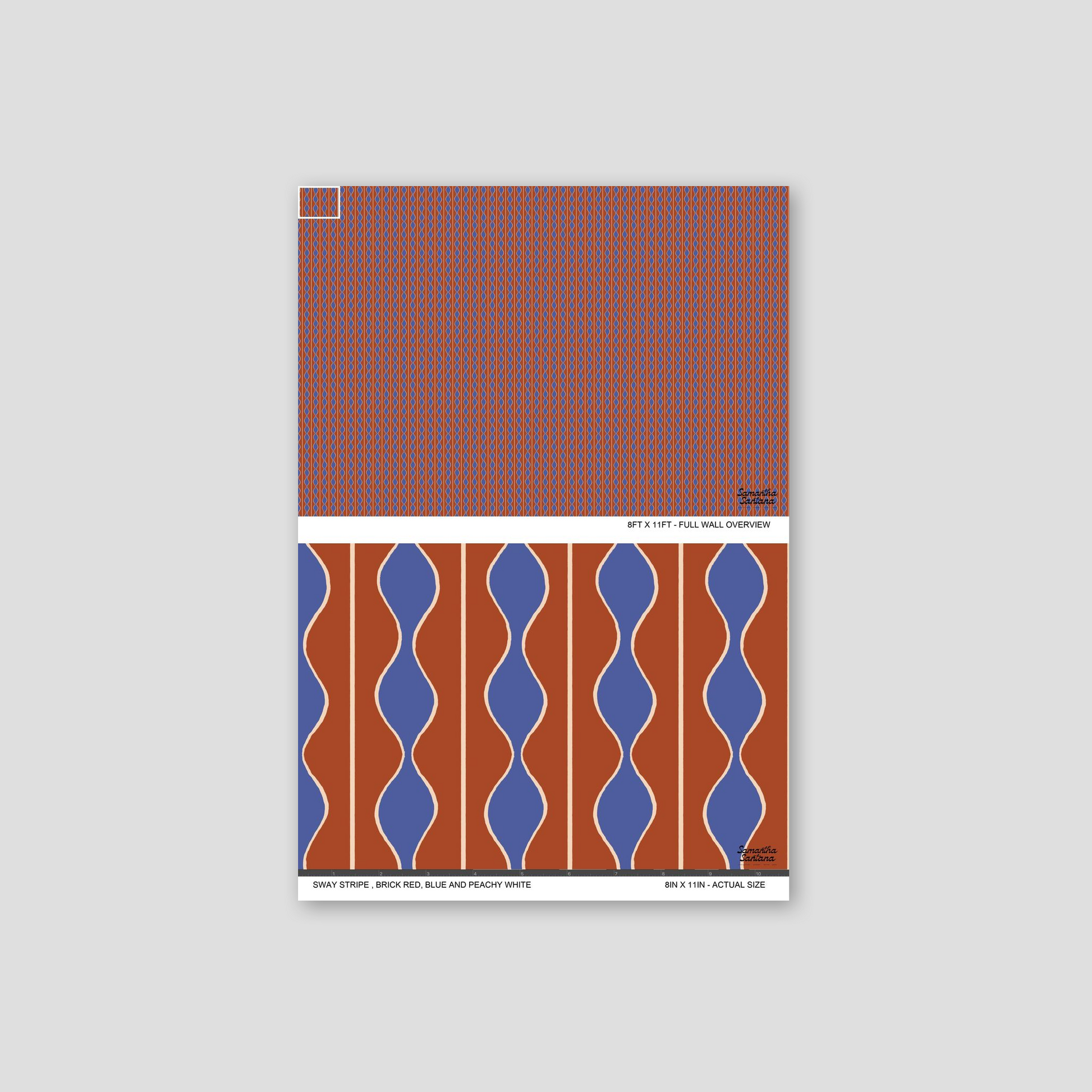 Sway Stripe wallpaper with wavy brick red, blue, and peachy white pattern.