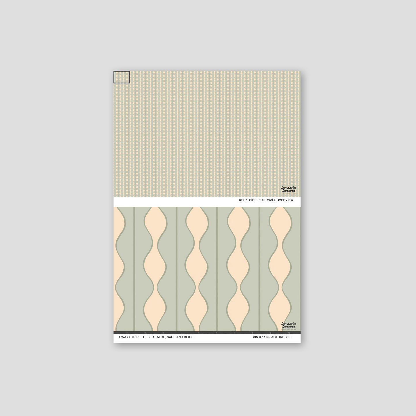 Sway Stripe Wallpaper with wavy desert aloe and sage stripes on beige background