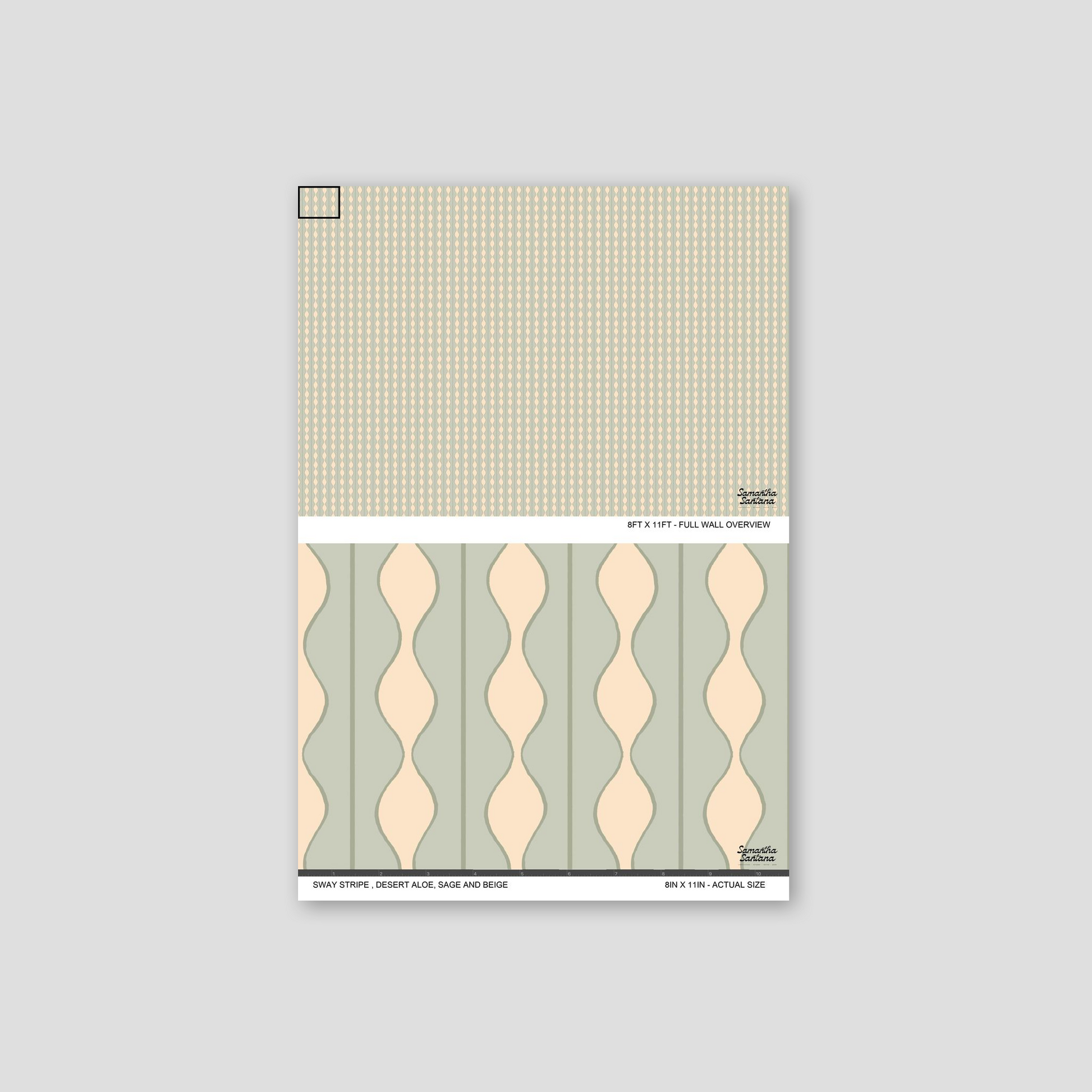 Sway Stripe Wallpaper with wavy desert aloe and sage stripes on beige background