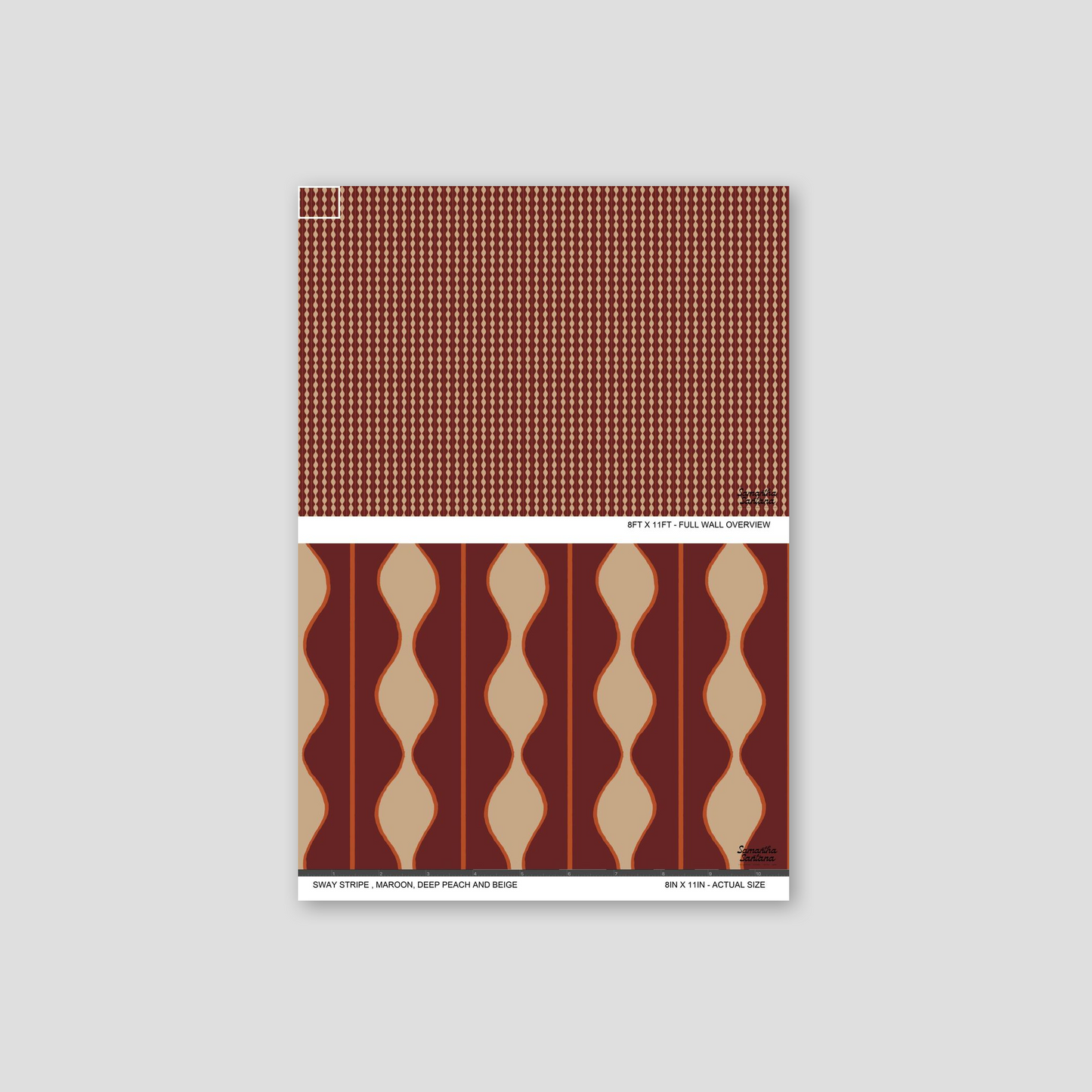 Sway Stripe wallpaper in maroon, deep peach, beige with wavy pattern sample.