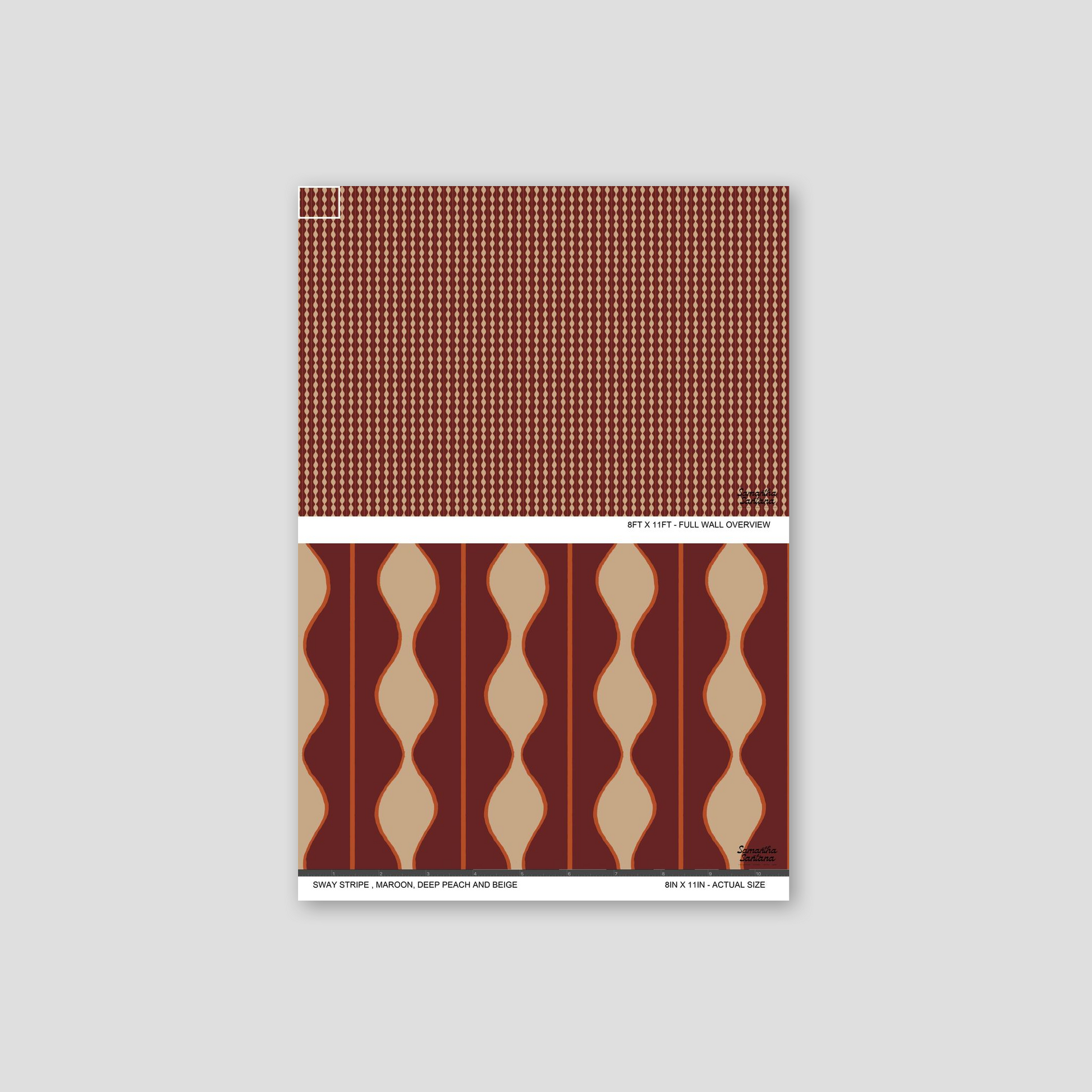 Sway Stripe wallpaper in maroon, deep peach, beige with wavy pattern sample.