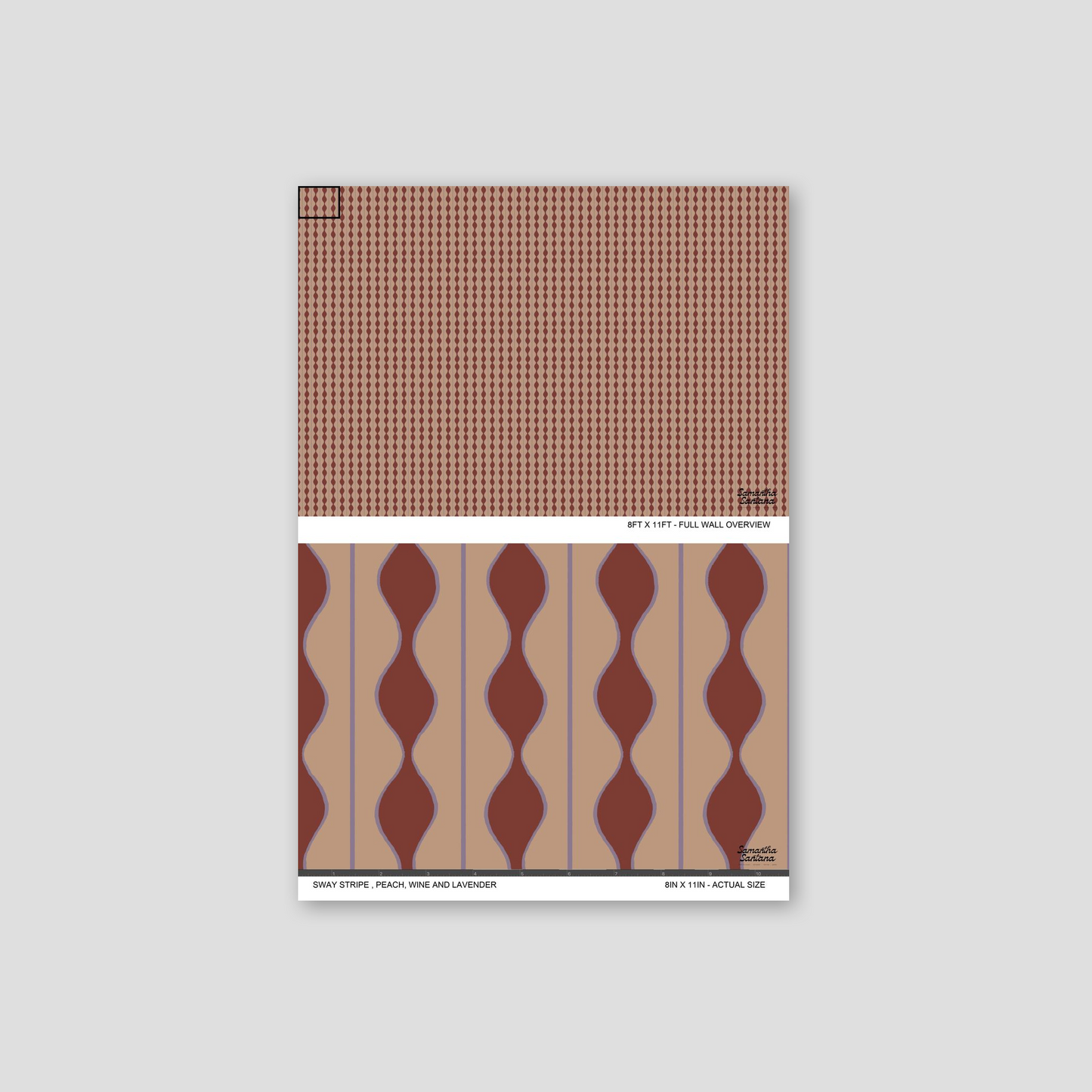 Sway Stripe wallpaper sample with wavy stripes in peach, wine, and lavender.