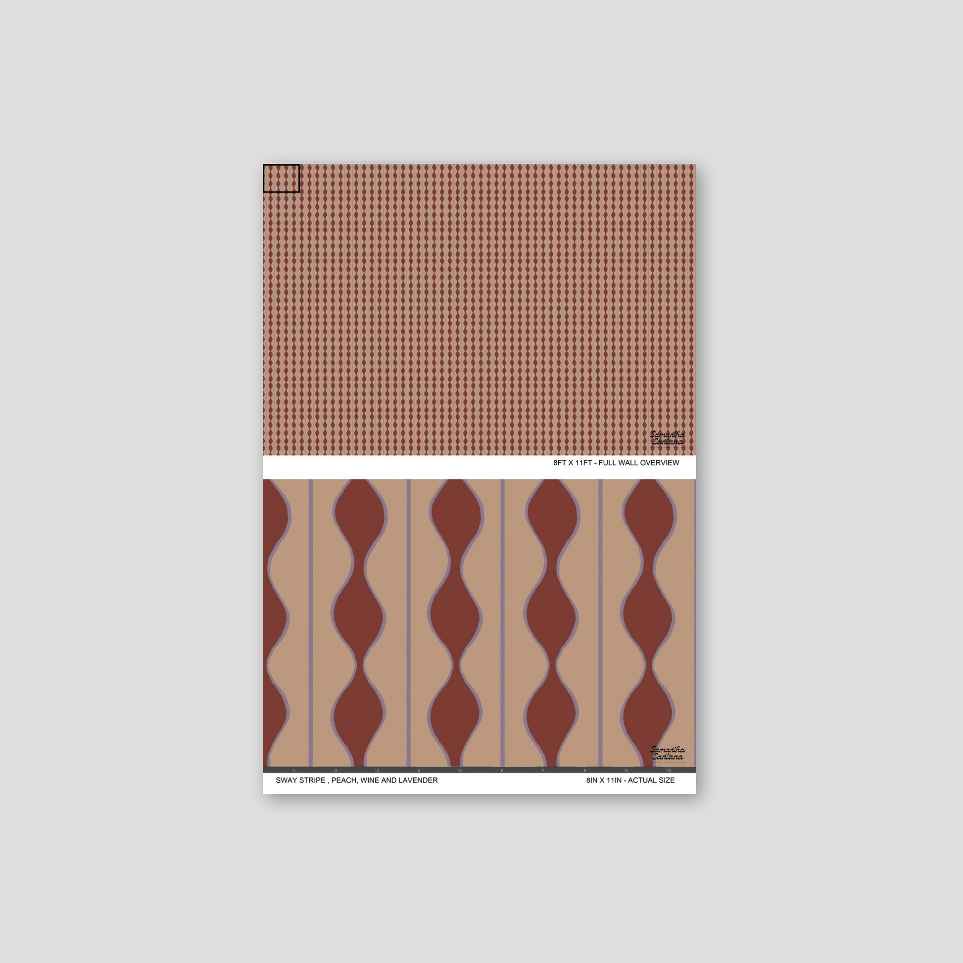 Sway Stripe wallpaper sample with wavy stripes in peach, wine, and lavender.