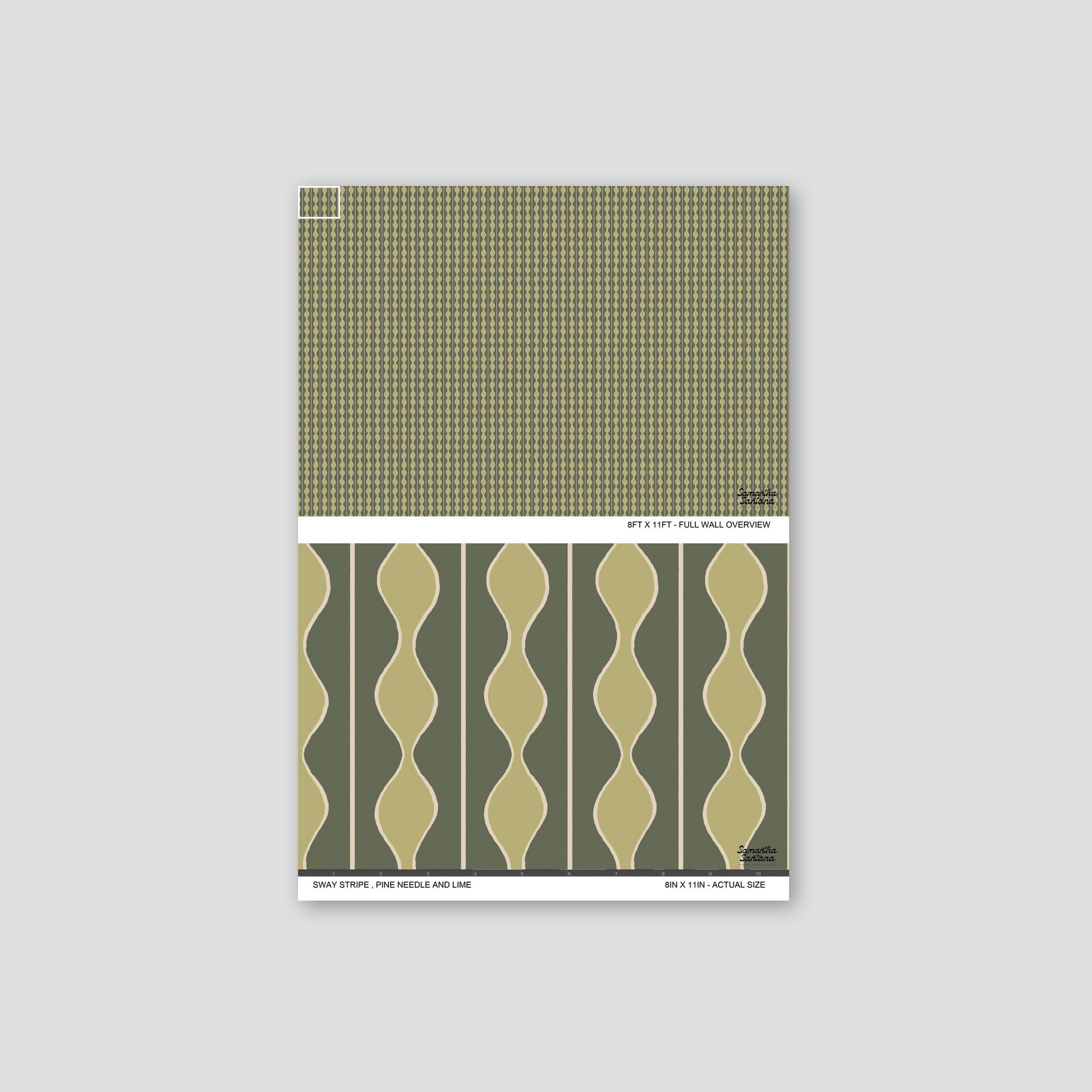Sway Stripe Wallpaper sample with wavy pine needle and lime stripes.