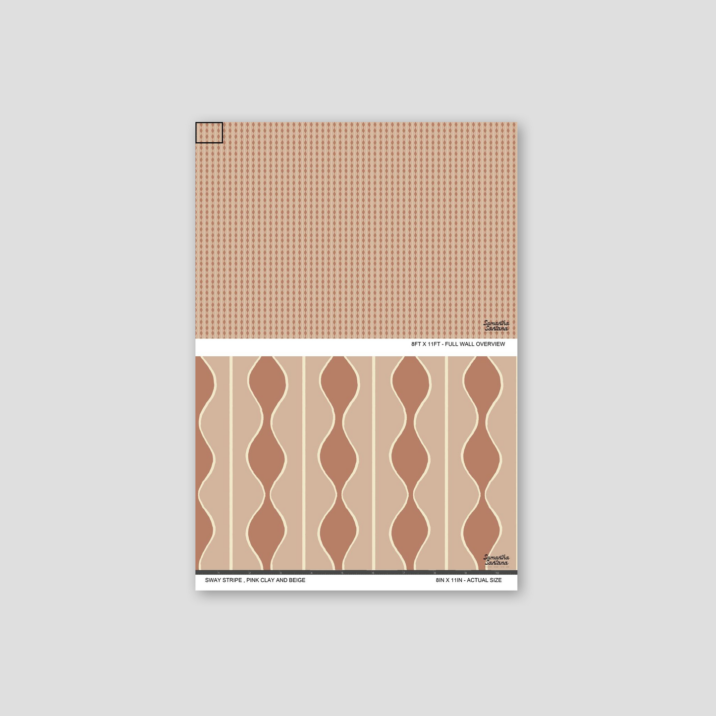 Sway Stripe wallpaper sample with pink clay and beige wavy stripes.
