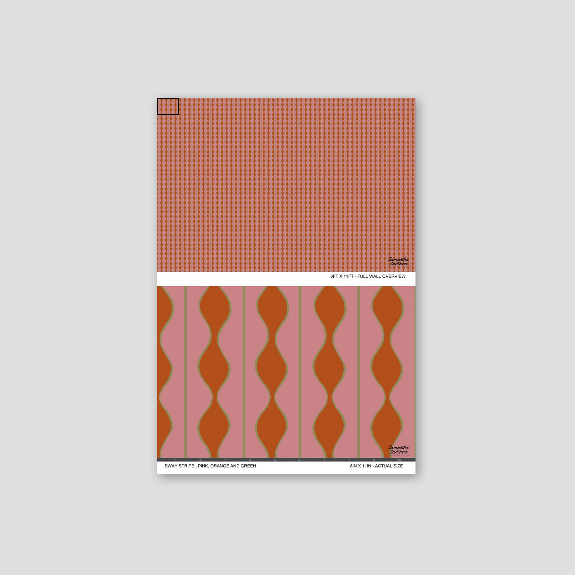 Sway Stripe Wallpaper sample with pink, orange, and green wavy stripes.