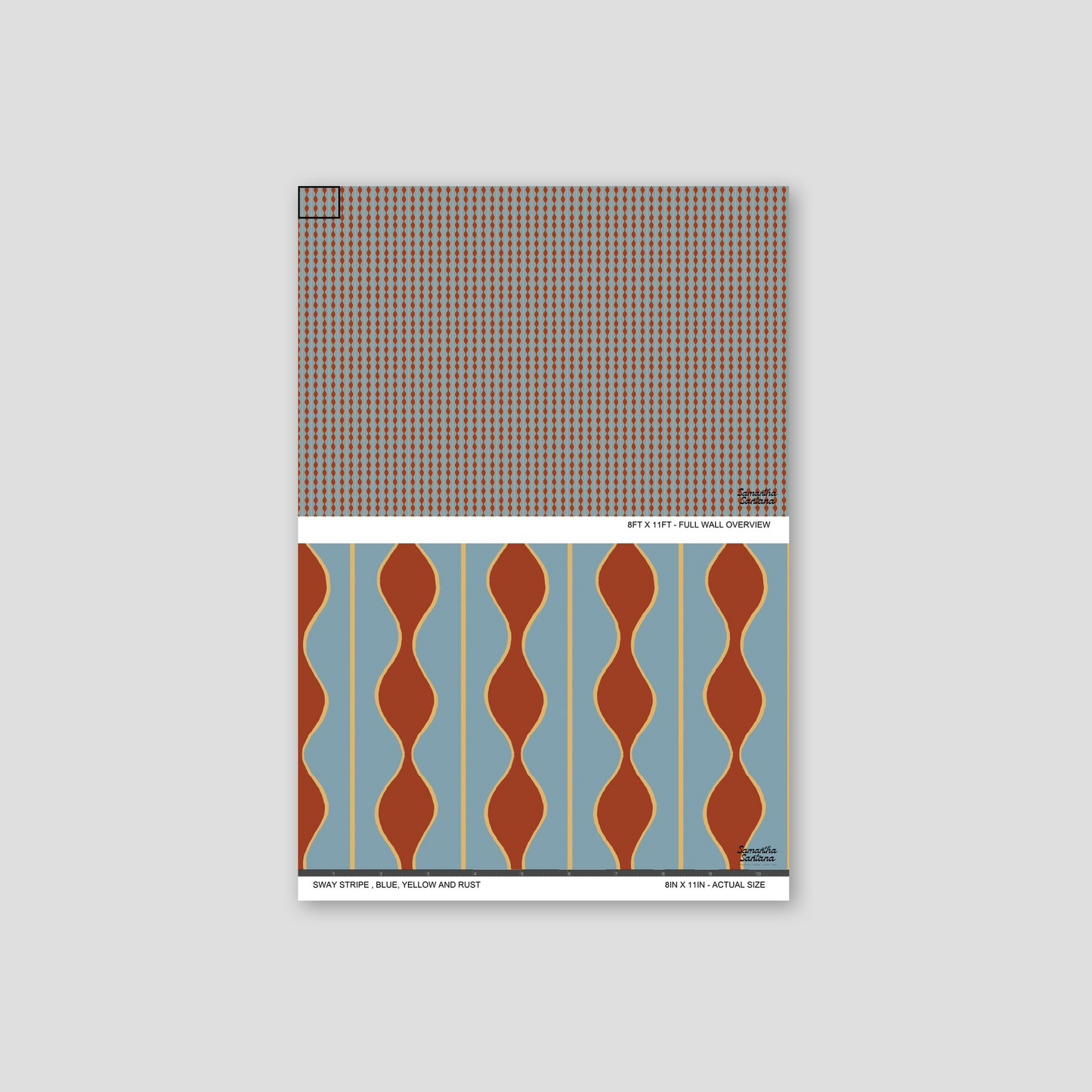 Sway Stripe wallpaper sample with rust waves on blue background, yellow accents.
