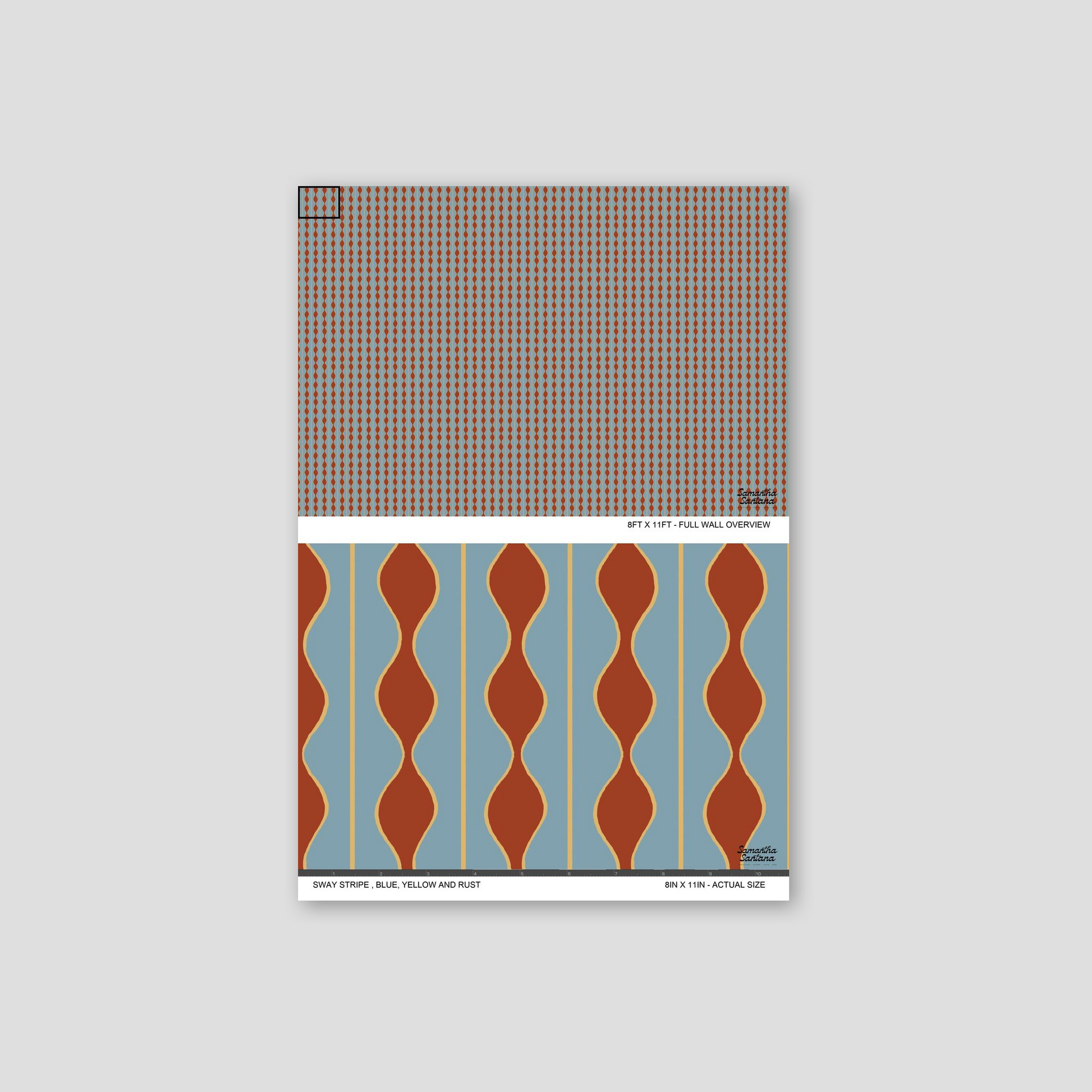 Sway Stripe wallpaper sample with rust waves on blue background, yellow accents.