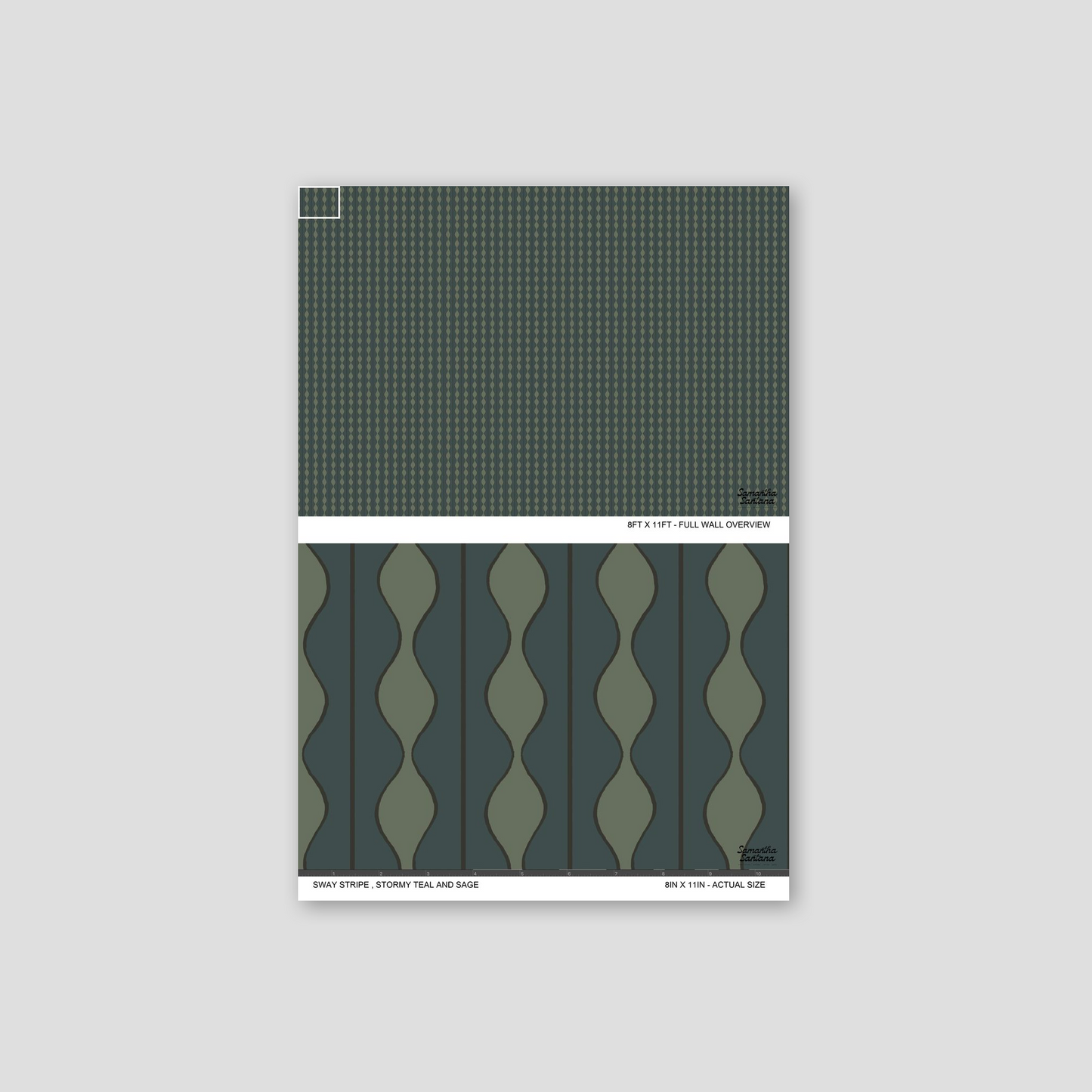 Sway Stripe Wallpaper in stormy teal and sage with wavy geometric pattern.