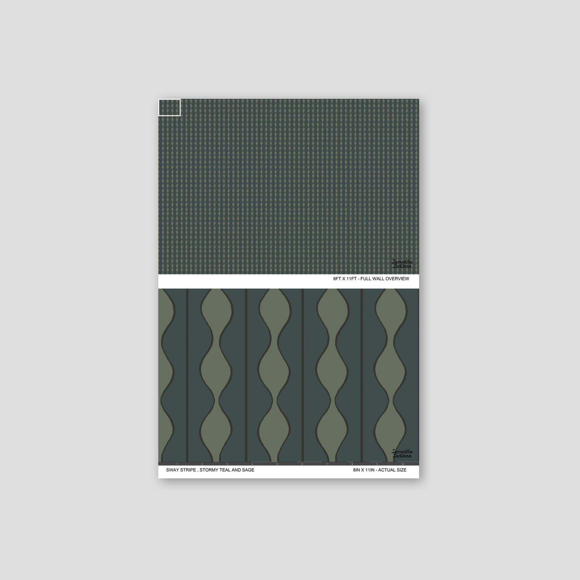 Sway Stripe Wallpaper in stormy teal and sage with wavy geometric pattern.