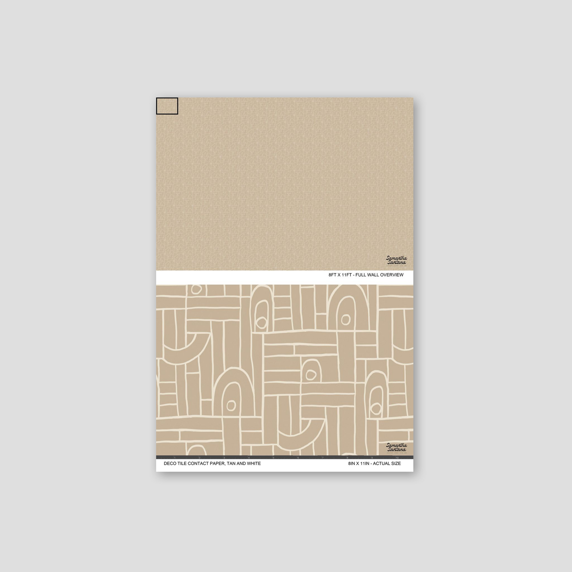 Tan and white geometric contact paper, shelf liner sample with abstract pattern.