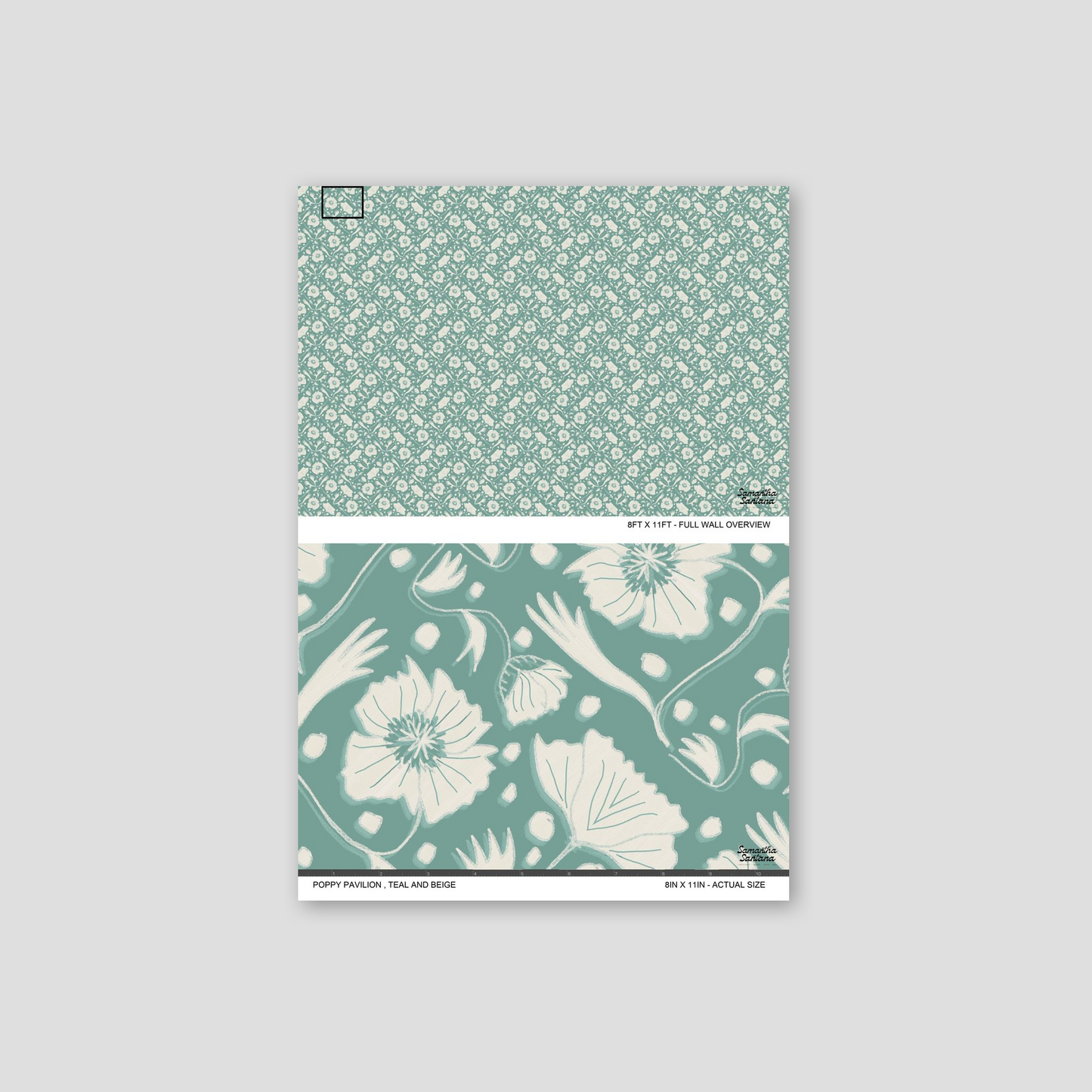 Teal and beige floral wallpaper sample with poppy design